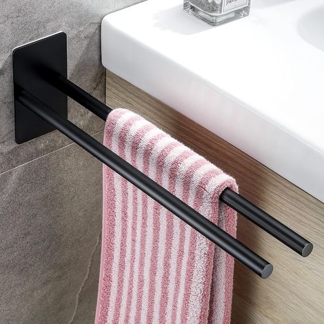 Porte-serviettes en acier inoxydable, sans perçage, porte-serviettes de salle de bain, porte-serviettes de cuisine auto-adhésif, 38 cm, noir (1/5)