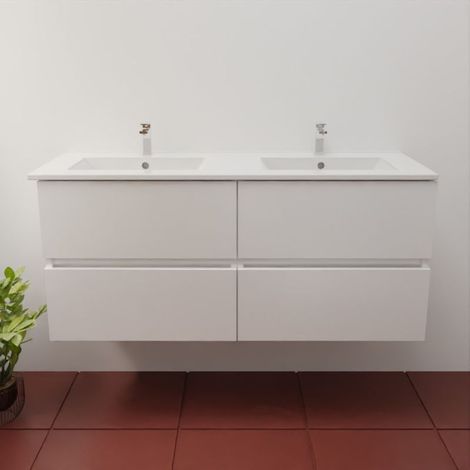Meuble double vasque 120 cm ROSALY INOX- Blanc- Plan vasque en Céramique