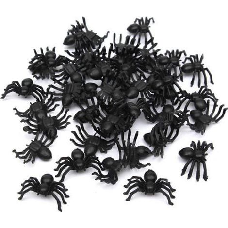 50x Schwarze Plastikspinnen als Scherzartikel für Halloween-Dekorationen im Spukhaus