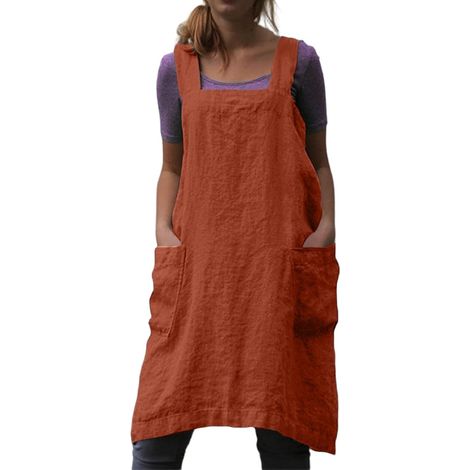 Grembiule da donna in cotone e lino con incrocio sulla schiena, adatto per cucinare, preparare dolci, fare giardinaggio, ecc. - Arancione, Taglia L (1/5)