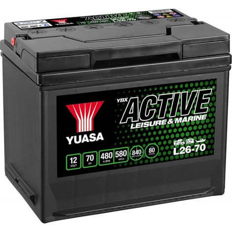 Yuasa – Batterie décharge lente 12V 70Ah L2670 – Plomb Calcium pour camping-car et installations solaires – Longueur 260mm, Hauteur 225mm