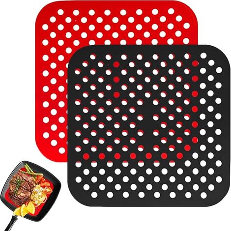 Alfombrilla Freidora Aire, 2pcs Alfombrillas de Silicona Reutilizables Air Fryer Liner, Antiadherentes, Rejilla Freidora Aire Cuadrada (Quadrado, 8.5 pulgadas) (1/5)