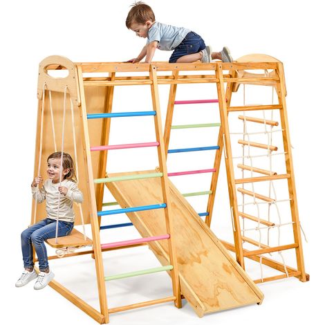 Aire de Jeux Intérieure en Bois 7-en-1, avec Balançoire, Barre de Singe, Toboggan, Échelle en Bois, Échelle de Corde, Filet et Planche d'Escalade, Charge 113 kg, Structure de Jeux pour Enfants (1/5)
