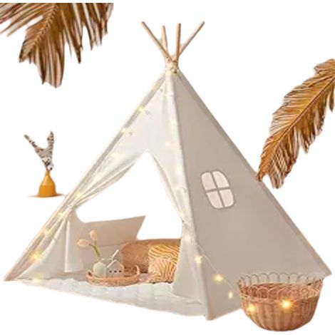 1 Tipi enfant, Tente jeu coton, Tapis mousse, Guirlande lumineuse, Sac transport, Intérieur 3-12 ans (1/5)