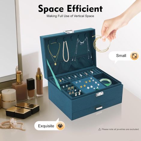 Schmuckkästchen 3 Ebenen, Schmuckkasten,Schmuckschatulle aus Samt, Schmuckaufbewahrung Schmuck Organizer mit Schloss, für Ringe, Ohrringe, mit Schloss und Schlüssel, Dunkelgrün