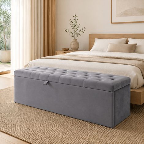 Banco arcón 138x41x42 cm de terciopelo gris con almacenaje para dormitorio FloraGrace (1/5)