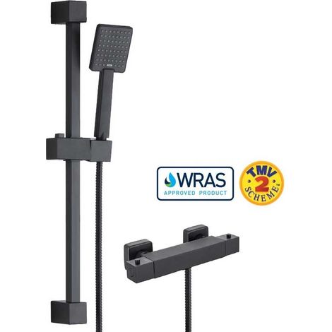 Matt Black Thermostatic Square Bar Mixer Shower Valve + Riser Rail + Head + Hose (1/4)