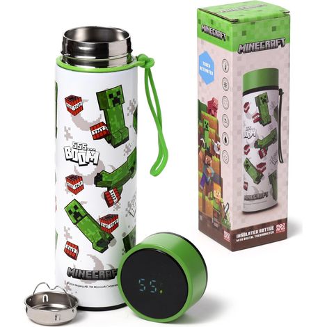 Puckator Bottiglia Termica in Acciaio con Termometro LED - Creeper & TNT - Borraccia Minecraft 450ml - Design a Doppia Parete (1/4)