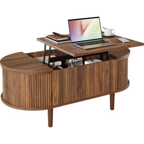 Table basse ovale réglable 100x48x53,5cm style vintage salon rangement multifonction pieds bois massif design moderne - Noyer (1/5)