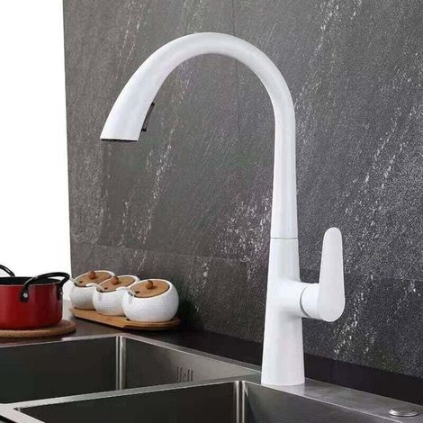 Robinet de cuisine avec douchette extractible, robinet d'évier double fonction, robinet d'évier pivotant à 360°, robinet de cuisine monotrou en laiton, robinet de cuisine à poignée unique, blanc