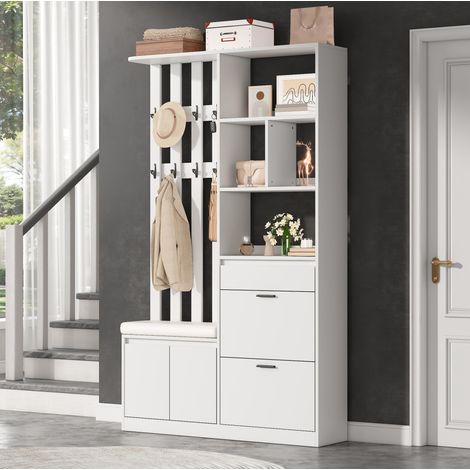 Armario de entrada 120 x 30 x 200 cm en MDF blanco con banco, 2 puertas abatibles, cajón y 10 ganchos (1/5)