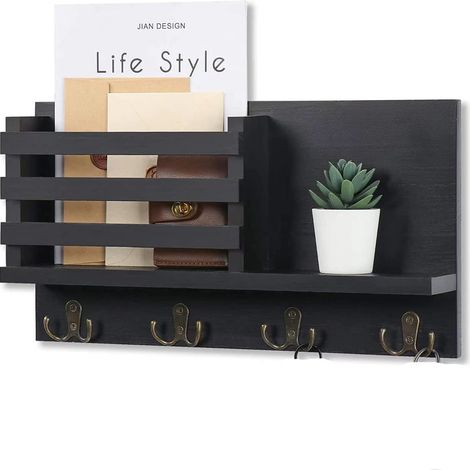 Étagère murale en bois avec crochets pour clés, décoration intérieure moderne (1/4)