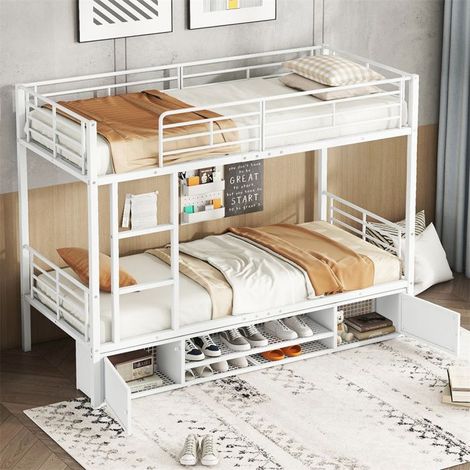 Lit superposé 90x200 cm métal blanc avec rangement chaussures et armoire 2 portes, échelle et barrière