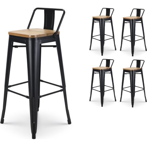 Conjunto de 4 taburetes de bar de metal negro mate de estilo industrial con respaldo y asiento en madera clara - Altura 76 cm (1/5)