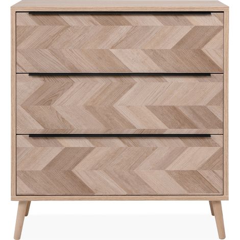 CALICOSY - Commode 3 tiroirs décor chêne sonoma et effet chevron L80 cm - TORUN (1/4)