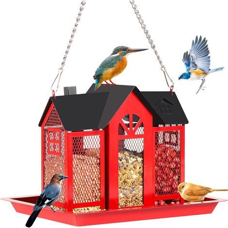 Vogelfutterhäuser für den Außenbereich, großes Fassungsvermögen, eichhörnchensicher, hängende Metall-Vogelhäuser mit Sitzstange und Dach für Gärten, Terrassen und Rasenflächen, rot (1/5)