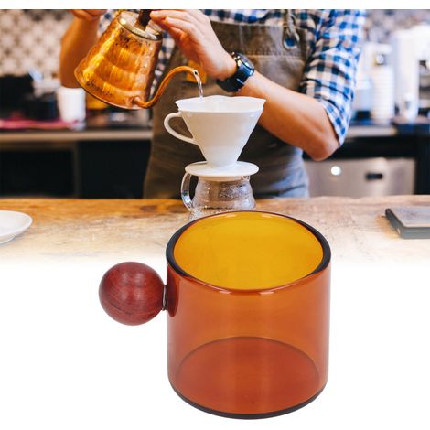 Tasse à café vintage en verre résistant à la chaleur avec poignée boule en bois, idéale pour café, bière et thé ambré. (1/5)