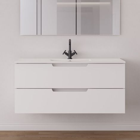 Meuble de salle de bain 120 cm simple vasque - 2 tiroirs - sans miroir - blanc mat - SONRIZA (1/5)