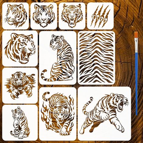 11 Pcs Pochoirs de Peinture Tigres avec Pinceau 15cm/20cm/30cm/A4 Gabarit de Dessin de Tête de Tigre Plastique Réutilisable Pochoir de Peau et Patte Tigre Gabarit Thème Animal pour Bois (1/5)