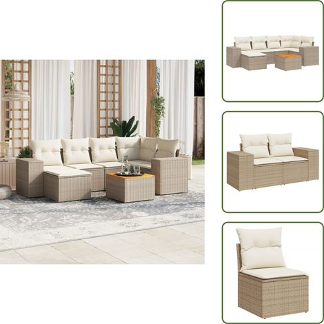 7-tlg. Garten-Sofagarnitur mit Kissen Beige Poly Rattan - Gartenmöbel Set - Esszimmergarnitur - Outdoor Möbel - Lounge Garnitur - Rattan Gartenmöbel (1/5)
