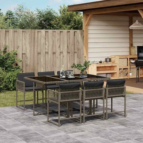 Ensemble de Jardin 7 Pièces Gris Table et 6 Chaises Polyrotin avec Coussins et Verre Trempé Groupe Repas Extérieur L 165 cm (1/5)