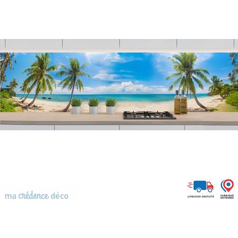Crédence : Plage tropicale avec palmiers - Couleur Gris platine - Alu composite - 120 - 60 (1/3)
