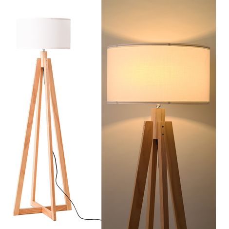 Lámpara de pie madera YUNA pantalla textil blanca E27 (1/5)
