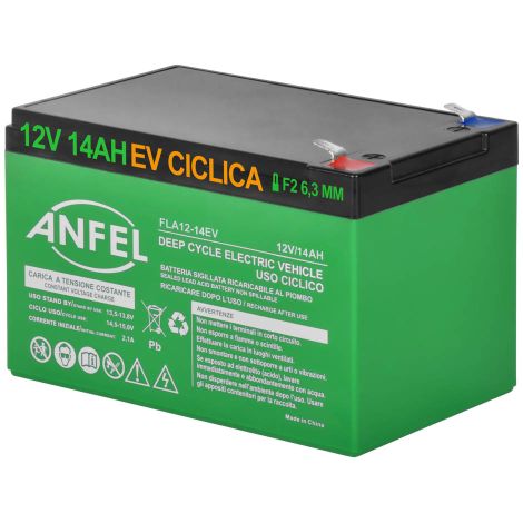 Batteria 12V 14Ah CICLICA Ricaricabile AGM Deep Cycle Solare Camper Barca Nautica UPS Sicurezza Veicoli Elettrici Impianti fotovoltaici SCARICA LENTA 6-DZM 6FM USO CICLICO PIOMBO BICI ELETTRICHE