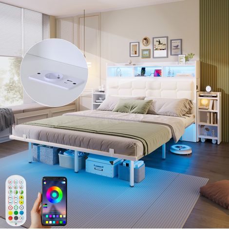 Bett Doppelbett 140x190 LED Stauraum Metall Weiß OKMYHOME (1/5)