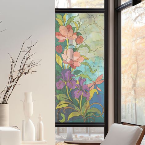 Stickers décoratifs électrostatique, iris, fleurs, effet vitrail, 150 cm X 67,5 cm (1/2)