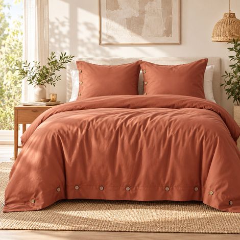 Housse de couette 240 x 220 cm + 2 taies 65 x 65 cm 100% percale de coton 120 fils PERRINE – Tomette (1/5)