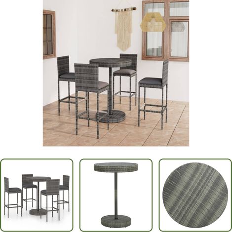 vidaXL Gartenbarhocker -  5-tlg. Gartenbar-Set mit Kissen Poly Rattan Grau (1/5)
