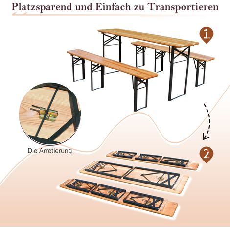 Ensemble de jardin à bière pliable 177 cm, 3 pièces : 1 table pliante + 2 bancs, pin massif résistant aux intempéries, gain de place.