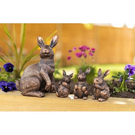 4x Rabbit Garden Ornaments Bunny Family Bronze Effect Resin Outdoor Indoor