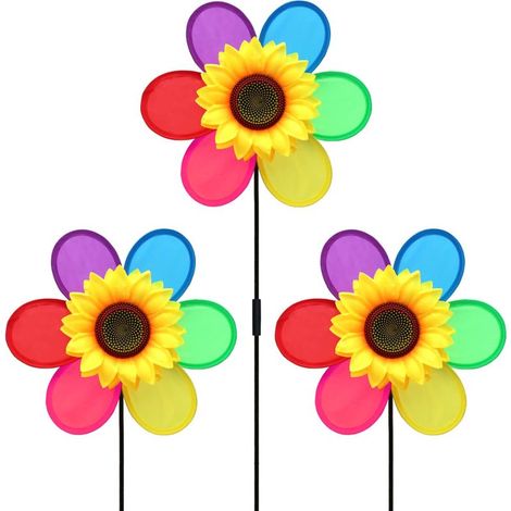 Lot de 3 moulins à Vent colorés en Forme de Tournesol pour Jardin, Jardin, terrasse, Cour, décoration de pelouse, décoration de fête
