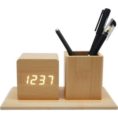 ThreeH Réveil Numérique en Bois avec Support à Crayons Affichage de l'heure 3 Réglages d'alarme Contrôle du Son Horloge avec 3 Niveaux Luminosité Jaune (1/4)
