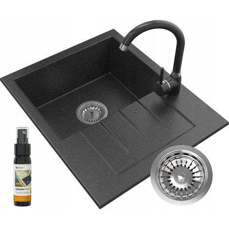 Évier en Granite Granitan MILANO avec Robinetterie BETA et Siphon - Noir - 57,4x46,4 cm. (1/4)