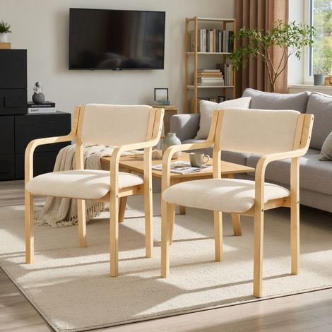 Lot de 2 chaises de salle à manger avec accoudoirs, en bois courbé, revêtement « Teddy Bear », style scandinave, blanc (1/5)