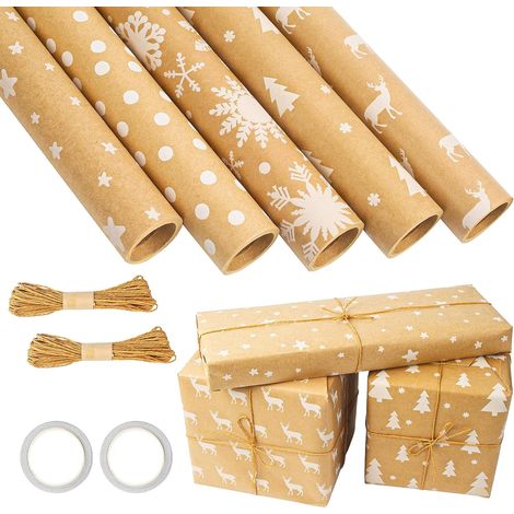 Rollen recycelbares Geschenkpapier (43 cm x 3 m, Kraftpapier), 2 Hanfseile + 1 doppelseitiges Klebeband – ideal für Weihnachten, Geburtstage, Hochzeiten und Babypartys.