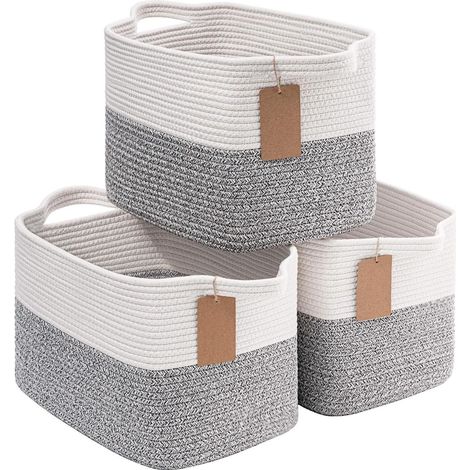 3er Set Aufbewahrungskörbe geflochten aus Baumwolle mit Griffen, 33x25x22.5cm, Grau (1/5)