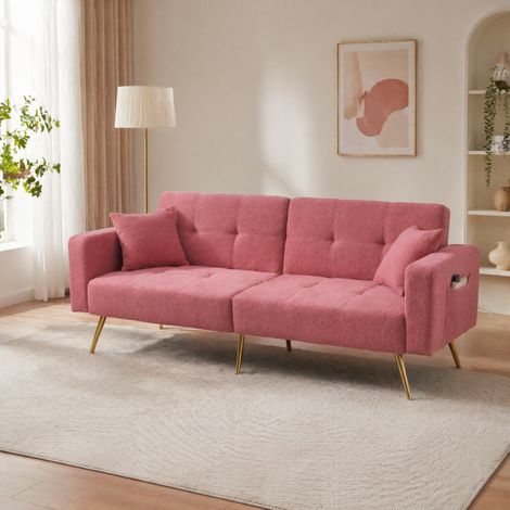 Canapé-lit rose en tissu sherpa avec dossier réglable, poches latérales et coussins (1/5)