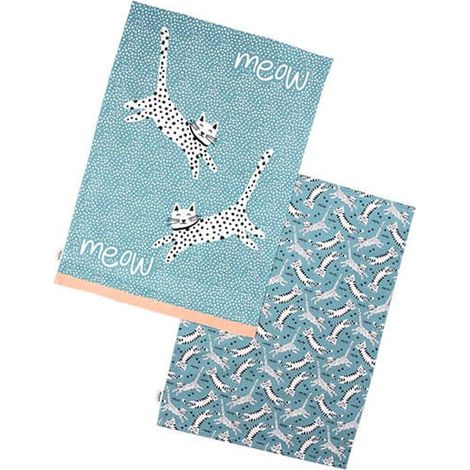Dexam Recycled Cotton Meow Set of 2 Tea Towels Blue (1/3)