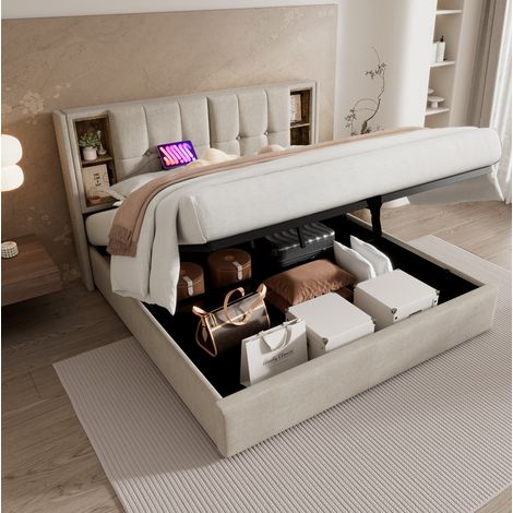 Cama doble 180x200 cm natural de lino con carga inalámbrica, USB-C y almacenaje (1/5)