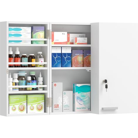 HOMCOM Wall Mount Medicine Cabinet with Key Lock and 2 Doors, White