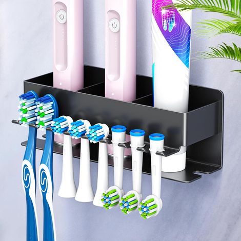 1 - Support Brosse à Dents - Porte-tête de Brosse - Rangement Salle de Bain - Fixation Murale Sans Perçage - Métal Résistant - Noir - 15x8cm