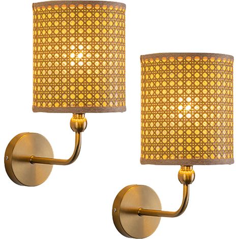 Moderne japanische Rattan-Wandleuchten, 2er-Set, fürs Schlafzimmer, zylindrische Form, warmes Licht