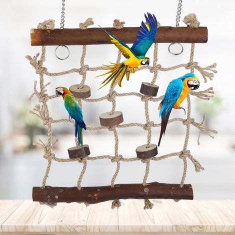 Jouet pour oiseaux - Échelle d'escalade - Bois naturel - Corde de chanvre - Durable et sûr (1/4)