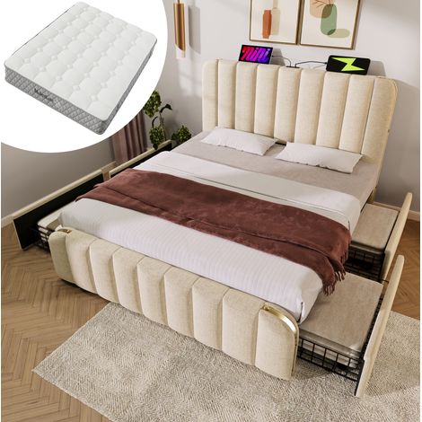 Erwachsenenbett 140x200 cm mit 4 Schubladen, Kopfteil mit USB- und Typ-C-Anschlüssen, in Leinenbeige, Matratze inklusive (1/5)