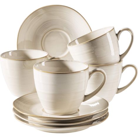 MÄSER Serie Nottingham - Set di tazze da caffè vintage per 4 persone, piattini con arrotondamenti irregolari in stile retrò, in gres, beige (1/5)