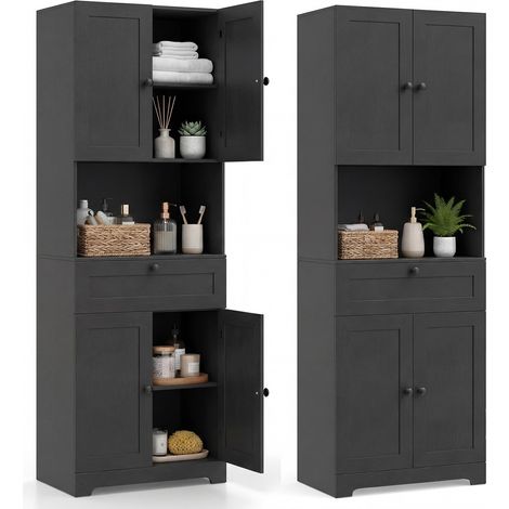 armoire de salle de bains haute tour à linge organisateur autoportant placard de cuisine buffet meuble en bois 4 portes tiroir étagère réglable comp (1/5)
